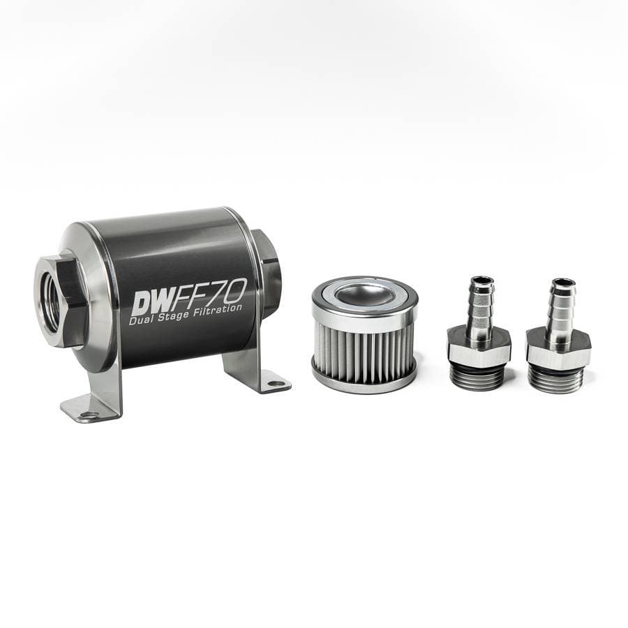 DeatshWerks In-Line Universal Fuel Filter Kit - Stainless Steel 10 Micron, 3/8in Hose Barb, 70mm