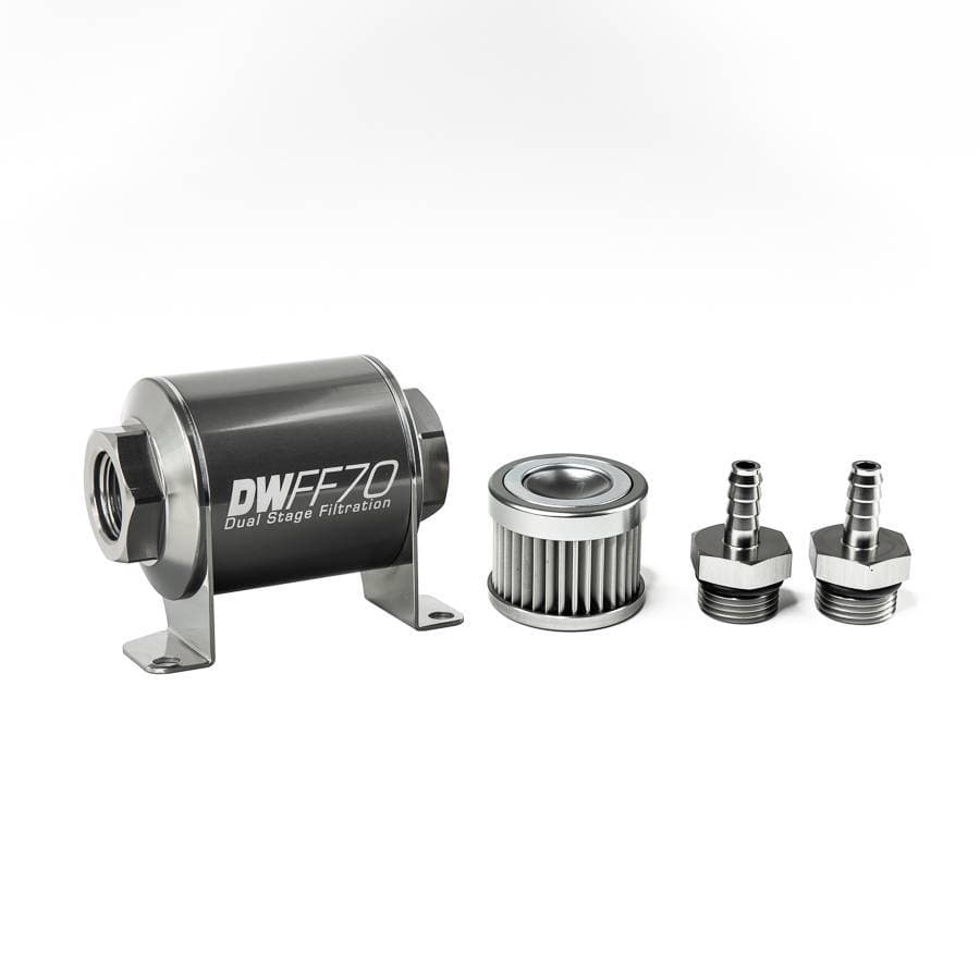 DeatshWerks In-Line Universal Fuel Filter Kit - Stainless Steel 10 Micron, 5/16in Hose Barb, 70mm