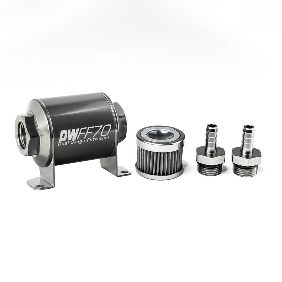 DeatshWerks In-Line Universal Fuel Filter Kit - Stainless Steel 40 Micron, 3/8in Hose Barb, 70mm