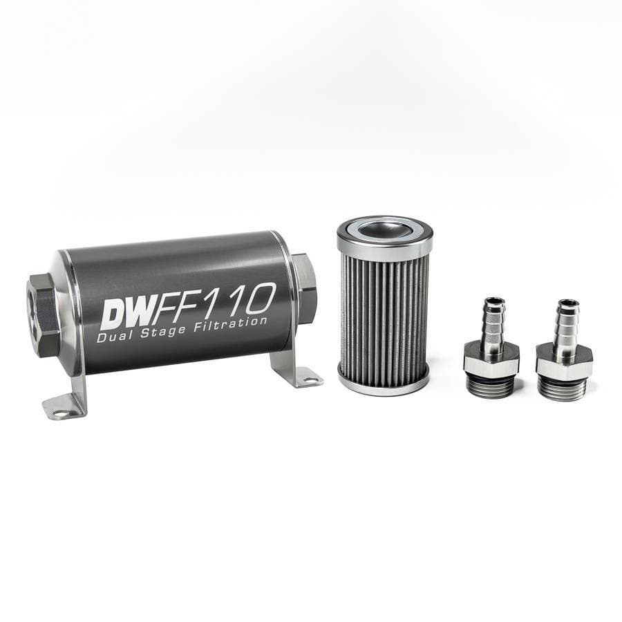 DeatshWerks In-Line Universal Fuel Filter Kit - Stainless Steel 40 Micron, 3/8in Hose Barb, 110mm