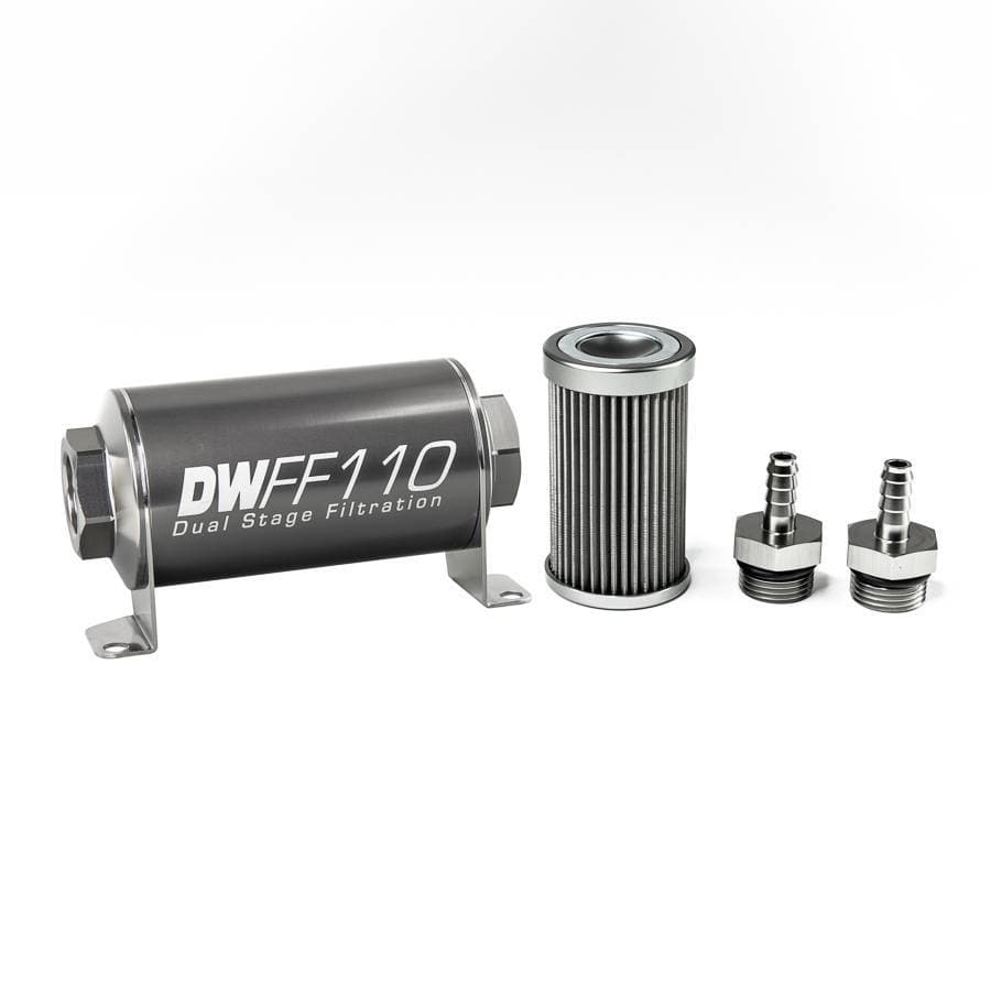 DeatshWerks In-Line Universal Fuel Filter Kit - Stainless Steel 40 Micron, 5/16in Hose Barb, 110mm