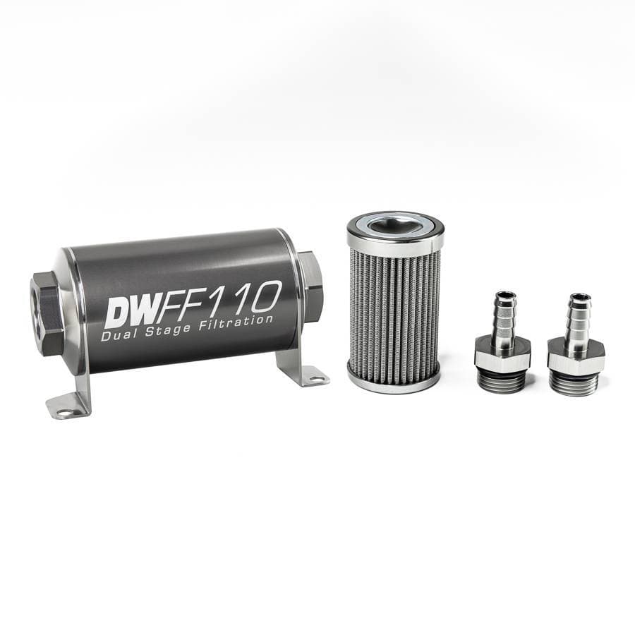 DeatshWerks In-Line Universal Fuel Filter Kit - Stainless Steel 100 Micron, 3/8in Hose Barb, 110mm