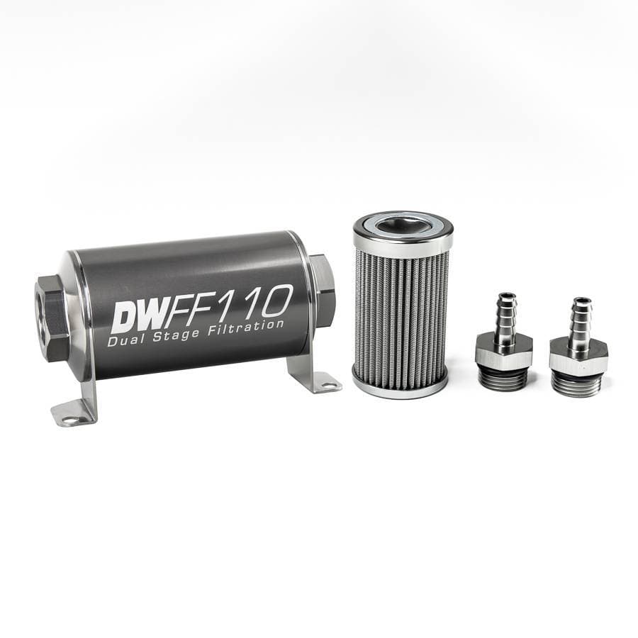 DeatshWerks In-Line Universal Fuel Filter Kit - Stainless Steel 100 Micron, 5/16in Hose Barb, 110mm
