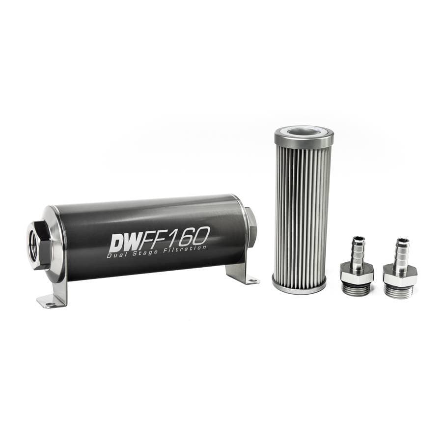 DeatshWerks In-Line Universal Fuel Filter Kit - Stainless Steel 10 micron, 3/8in Hose Barb, 160mm
