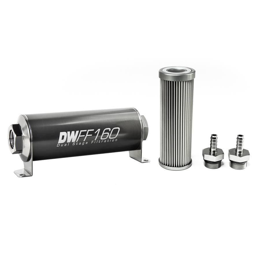 DeatshWerks In-Line Universal Fuel Filter Kit - Stainless Steel 10 micron, 5/16in Hose Barb, 160mm