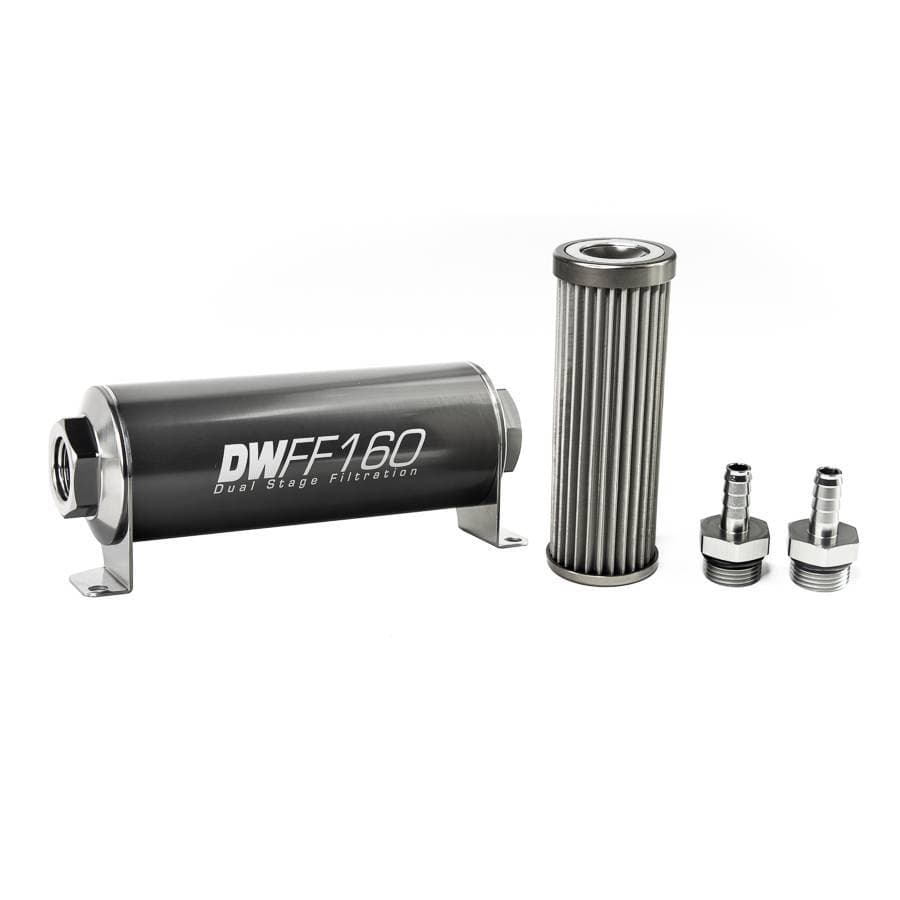 DeatshWerks In-Line Universal Fuel Filter Kit - Stainless Steel 40 micron, 3/8in Hose Barb, 160mm