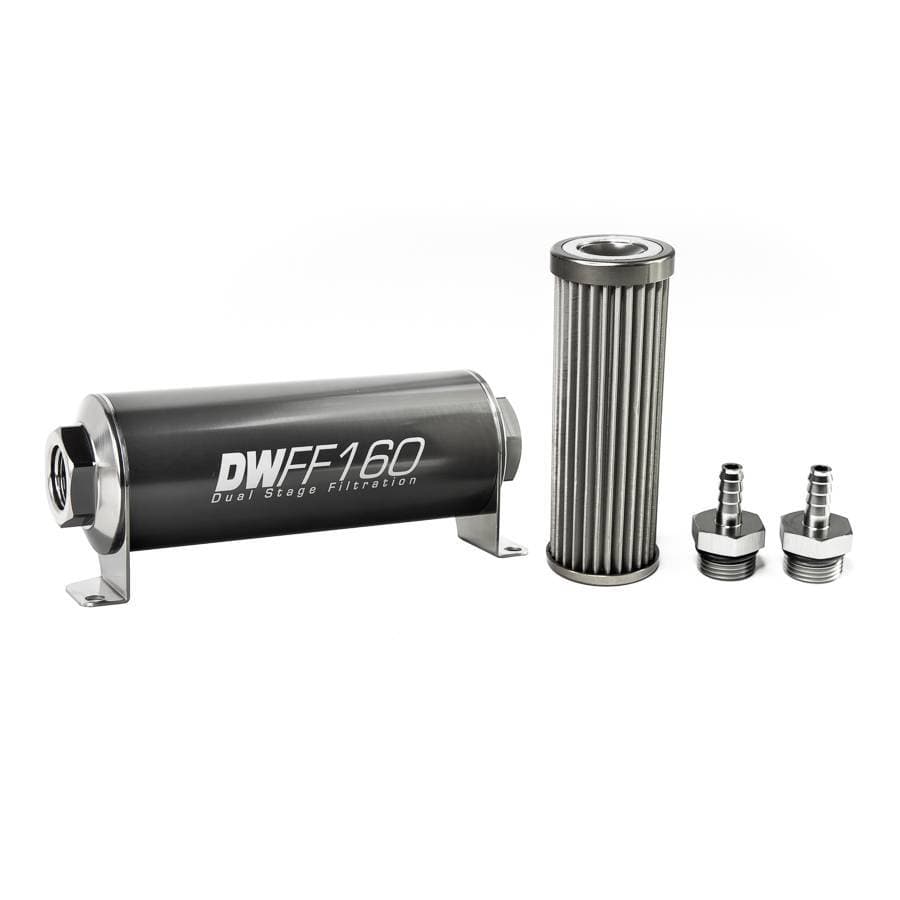 DeatshWerks In-Line Universal Fuel Filter Kit - Stainless Steel 40 micron, 5/16in Hose Barb, 160mm