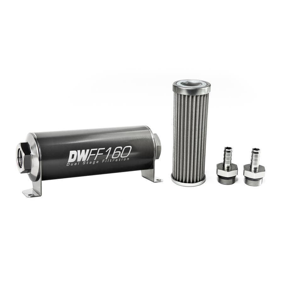 DeatshWerks In-Line Universal Fuel Filter Kit - Stainless Steel 100 micron, 3/8in Hose Barb, 160mm