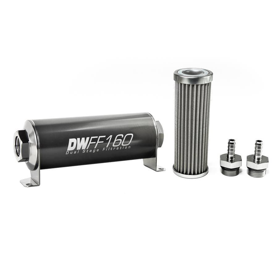 DeatshWerks In-Line Universal Fuel Filter Kit - Stainless Steel 100 micron, 5/16in Hose Barb, 160mm