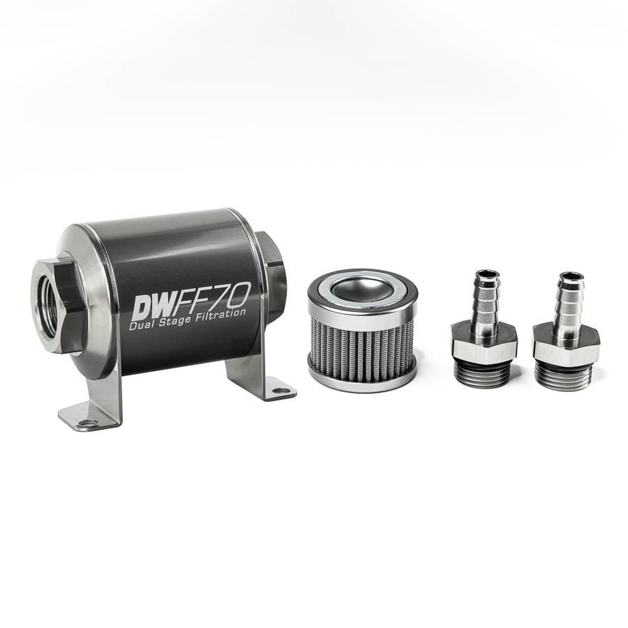 DeatshWerks In-Line Universal Fuel Filter Kit - Stainless Steel 100 Micron, 3/8in Hose Barb, 70mm