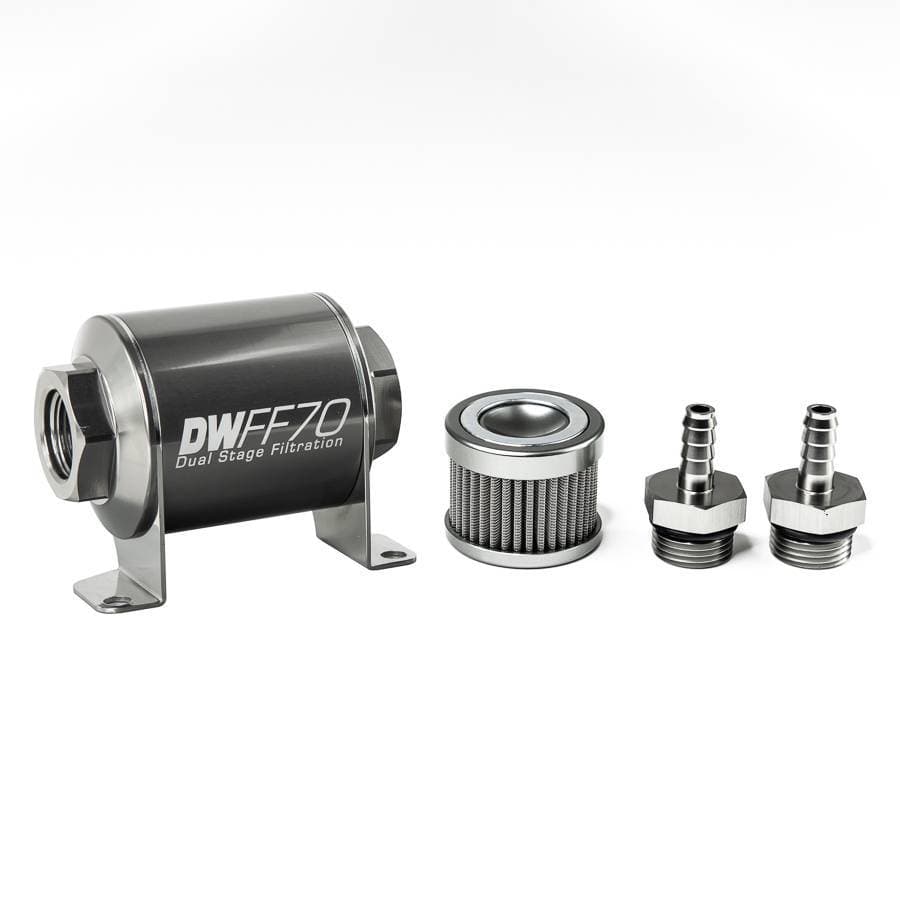 DeatshWerks In-Line Universal Fuel Filter Kit - Stainless Steel 100 Micron, 5/16in Hose Barb, 70mm