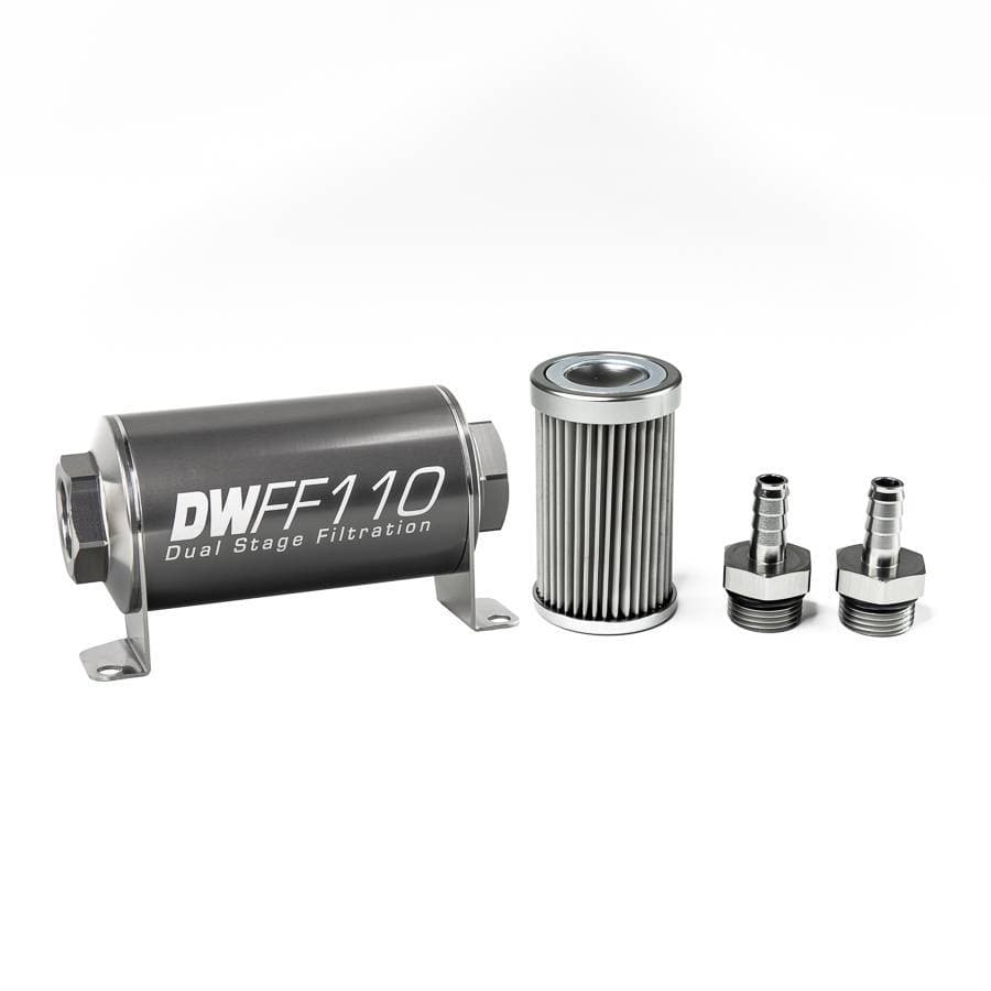 DeatshWerks In-Line Universal Fuel Filter Kit - Stainless Steel 10 Micron, 3/8in Hose Barb, 110mm