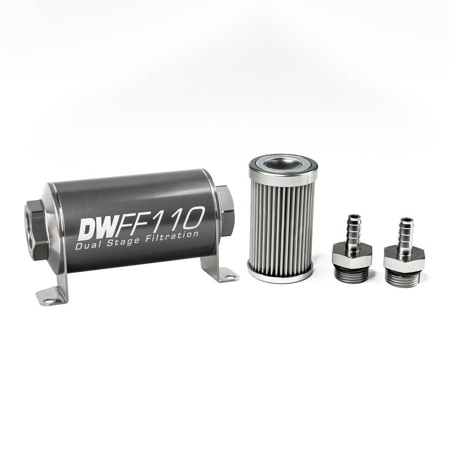 DeatshWerks In-Line Universal Fuel Filter Kit - Stainless Steel 10 Micron, 5/16in Hose Barb, 110mm