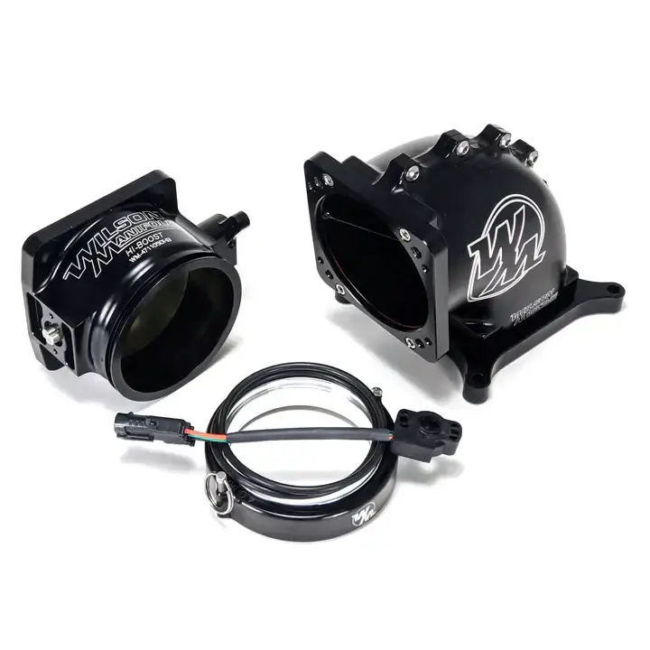 Wilson Manifolds 105MM Hi-Boost Throttle Body + 4150 Front/Rear Billet Elbow Combo D-Band - Anodized Black