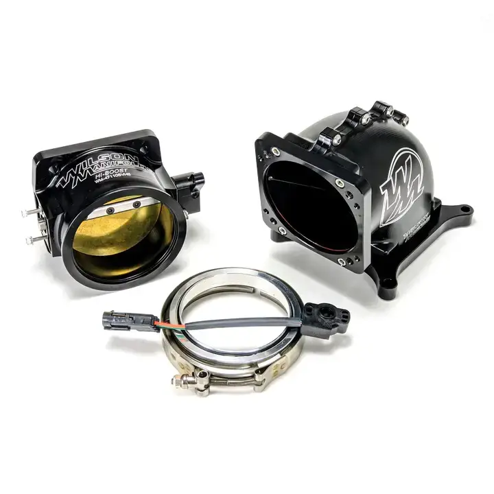 Wilson Manifolds 105MM Hi-Boost Throttle Body + 4150 Front/Rear Billet Elbow Combo V-Band - Anodized Black
