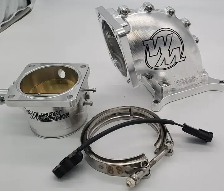 Wilson Manifolds 105MM Throttle Body + 4150 Front/Rear Billet Elbow Combo V-Band - Silver Machined Finish