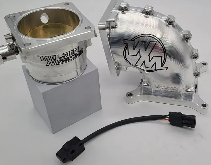 Wilson Manifolds 90MM Throttle Body + 4150 Front/Rear Billet Elbow Combo - Silver Machined Finish