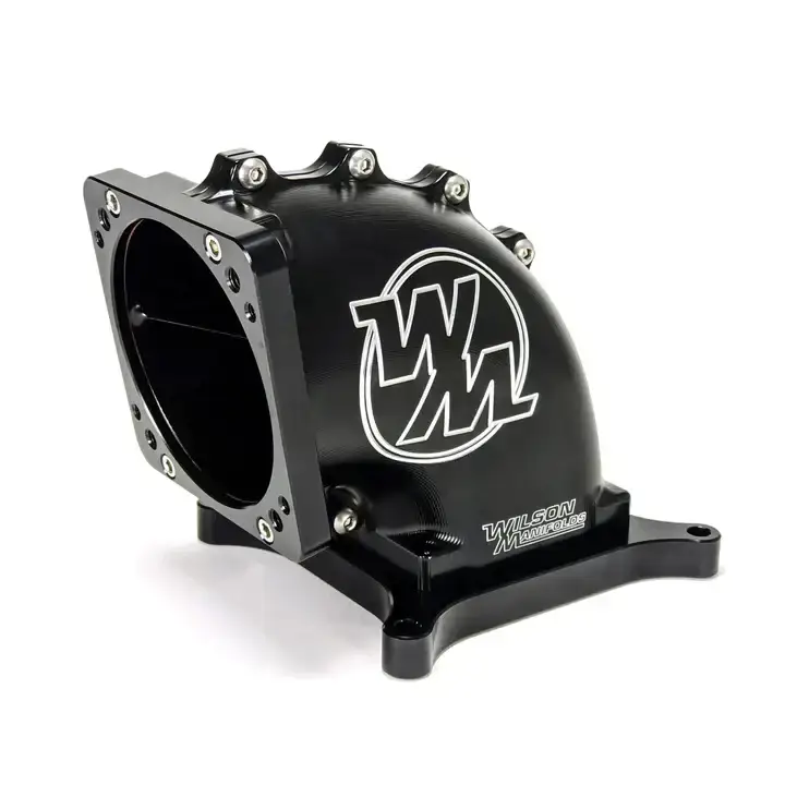 Wilson Manifolds 65MM-92MM 4150 Side/Side Facing Billet Elbow With Divider - Anodized Black