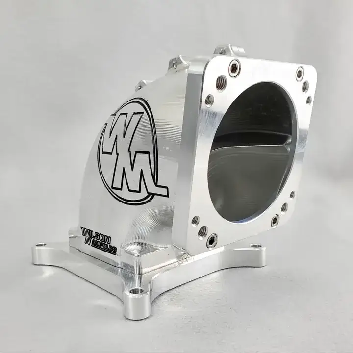Wilson Manifolds 65MM-92MM 4150 Front/Rear Facing Billet Elbow With Divider - Silver Machined Finish