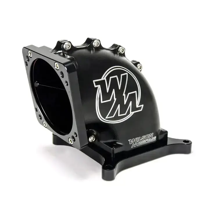 Wilson Manifolds 95MM-105MM 4150 Side/Side Facing Billet Elbow With Divider - Anodized Black