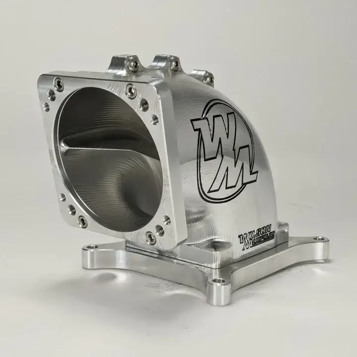Wilson Manifolds 95MM-105MM 4150 Front/Rear Facing Billet Elbow With Divider - Silver Machined Finish