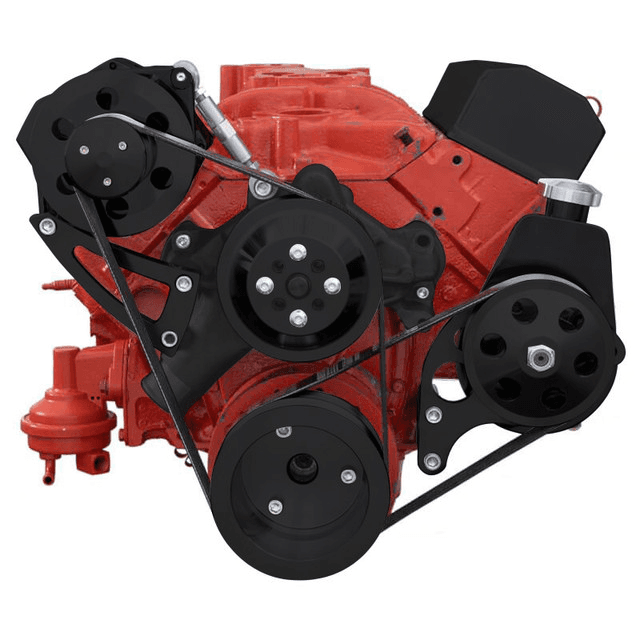 CVF Chevy Small Block Serpentine Conversion System with High Mount Alternator, Power Steering Brackets, For Long Water Pump - Black