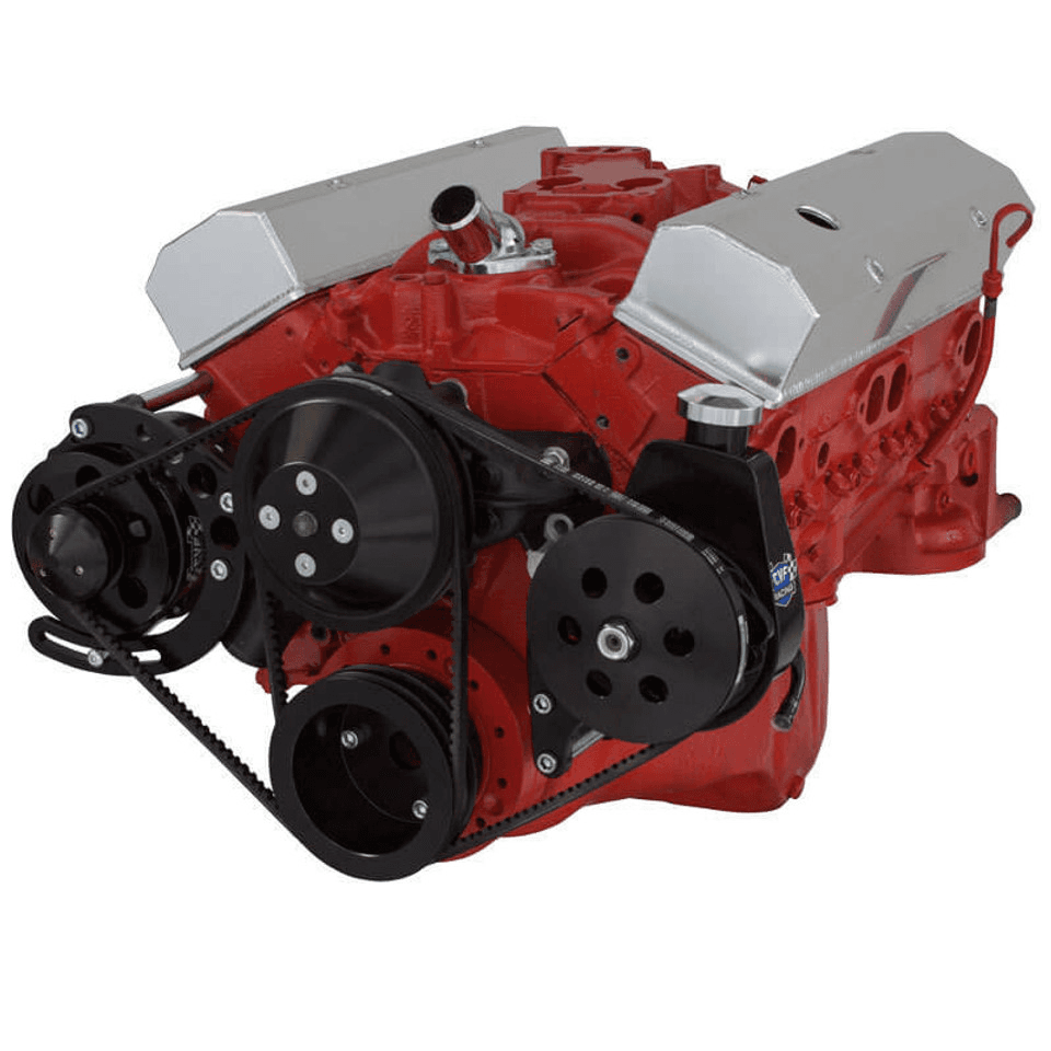 CVF Chevy Small Block V-Belt System with Alternator, Power Steering Brackets, For Long Water Pump - Black