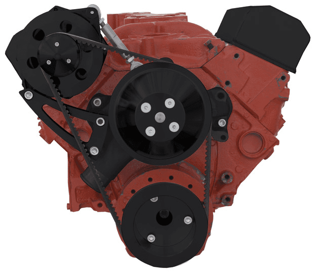CVF Chevy Small Block V-Belt System with Alternator Only High Mount Bracket, For Long Water Pump - Black