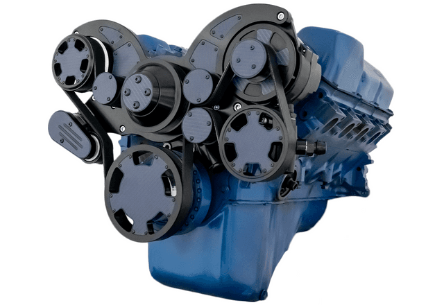 CVF Ford SBF 351C, 351M & 400 Serpentine System with AC, Power Steering & Alternator, High Flow Water Pump - Black W/ Carbon Fiber Inlay (All Inclusive)