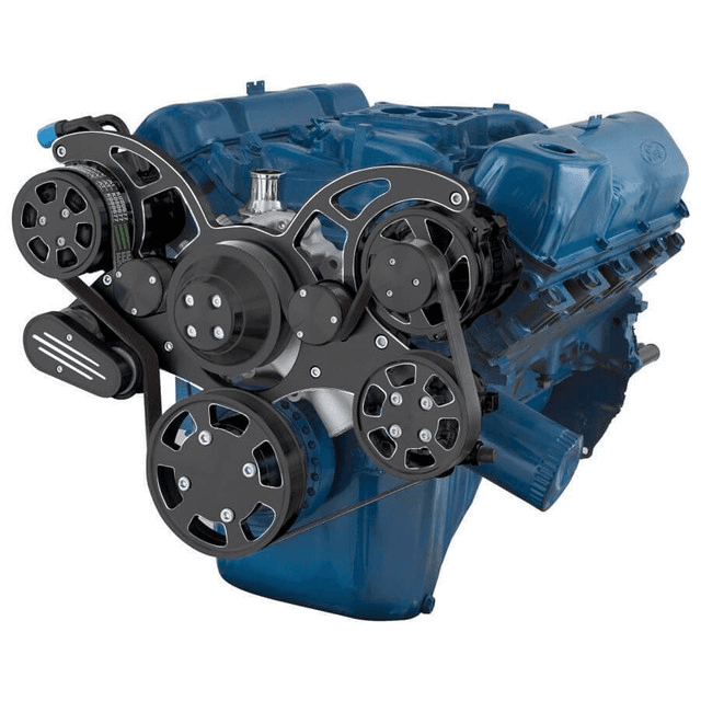 CVF Ford SBF 351C, 351M & 400 Serpentine System with AC, Power Steering & Alternator, High Flow Water Pump - Black Diamond (All Inclusive)
