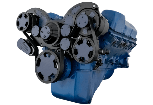 CVF Ford SBF 351C, 351M & 400 Serpentine System with AC, Power Steering & Alternator, High Flow Water Pump - Black W/ Carbon Fiber Inlay (All Inclusive)
