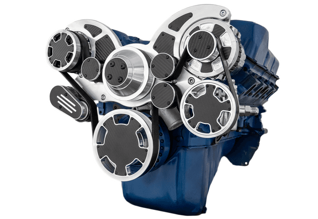 CVF Ford SBF 351C, 351M & 400 Serpentine System with AC, Power Steering & Alternator, High Flow Water Pump - Polished W/ Carbon Fiber Inlay (All Inclusive)