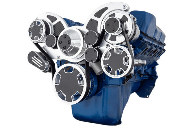 CVF Ford SBF 351C, 351M & 400 Serpentine System with AC, Power Steering & Alternator, High Flow Water Pump - Polished W/ Carbon Fiber Inlay (All Inclusive)