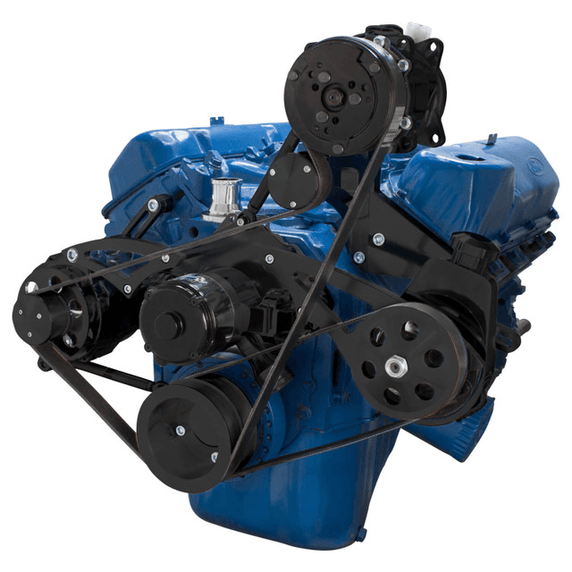CVF Ford SBF 351C, 351M & 400 Serpentine Conversion with High Mount AC, Power Steering & Alternator Brackets, For Electric Water Pump - Black