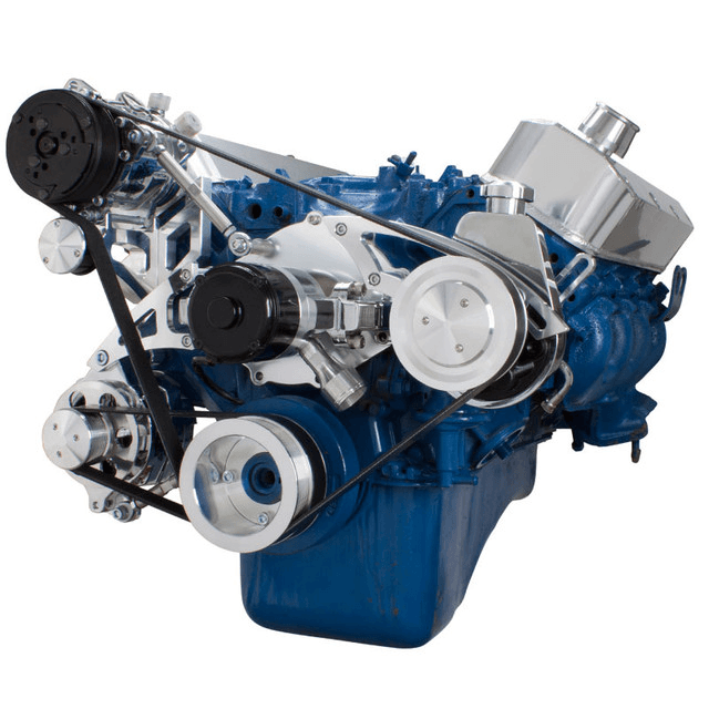 CVF Ford BBF 429 & 460 Serpentine Conversion System with High Mount AC & Power Steering, Alternator Brackets, For Electric Water Pump - Polished