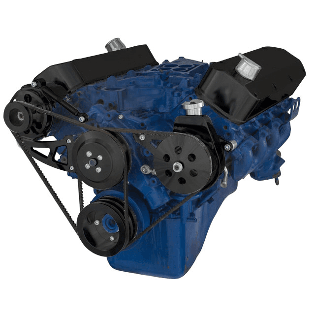 CVF Ford BBF 429 & 460 V-Belt System with Power Steering with High Mount Alternator Brackets, For High Flow Water Pump - Black