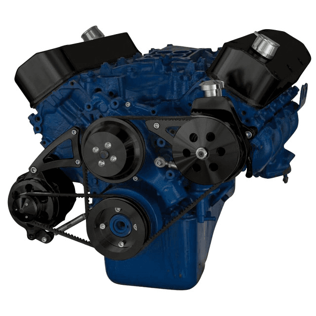 CVF Ford BBF 429 & 460 V-Belt System with Power Steering with Low Mount Alternator Brackets, For High Flow Water Pump - Black