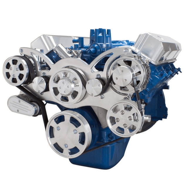 CVF SBF FE Serpentine System with AC, Power Steering & Alternator, For High Flow Water Pump - Polished (All Inclusive)