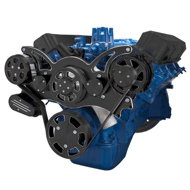 CVF SBF FE Serpentine System with AC & Alternator, For High Flow Water Pump - Black Diamond (All Inclusive)