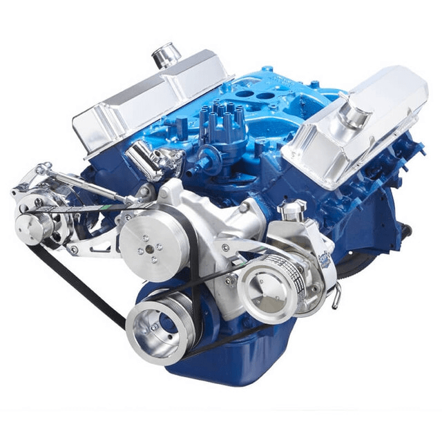 CVF SBF FE Serpentine System with Power Steering & Alternator Brackets, For High Flow Water Pump - Polished