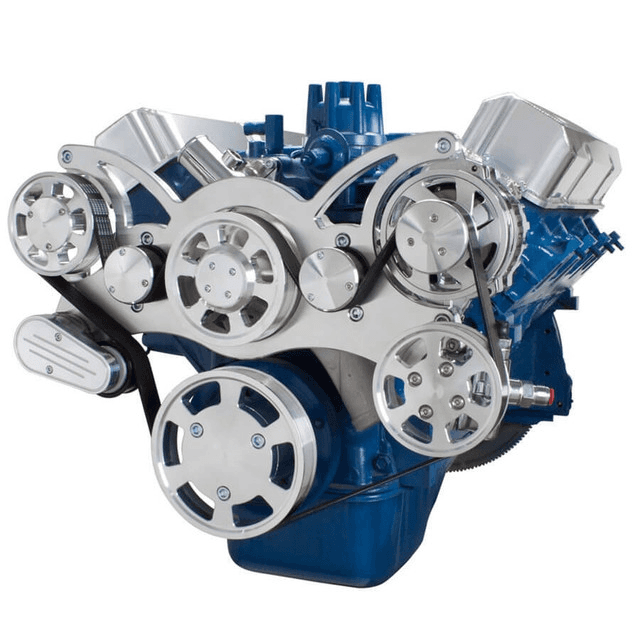 CVF SBF FE Serpentine System with  Power Steering & Alternator, For High Flow Water Pump - Polished (All Inclusive)