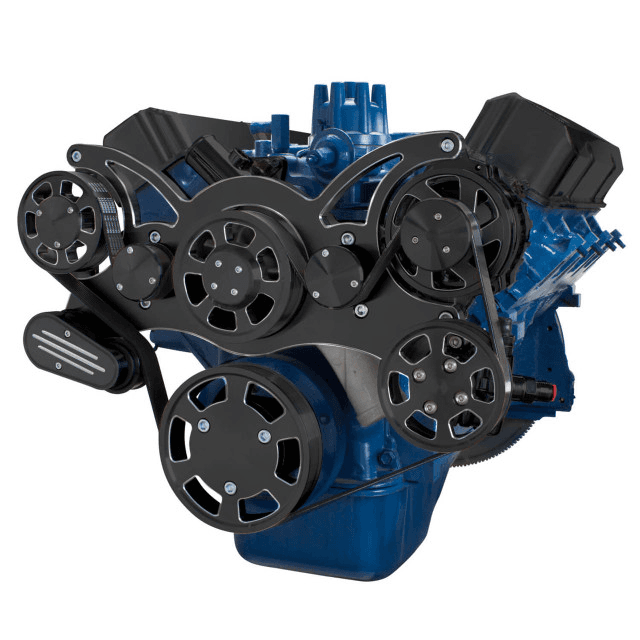 CVF SBF FE Serpentine System with  Power Steering & Alternator, For High Flow Water Pump - Black Diamond (All Inclusive)