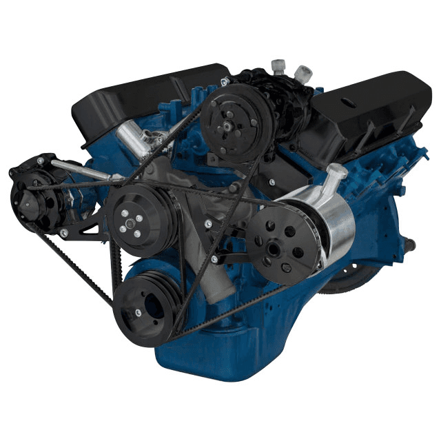 CVF SBF FE V-Belt System with Alternator & High Mount AC, Alternator & Power Steering Brackets, For High Flow Water Pump - Black