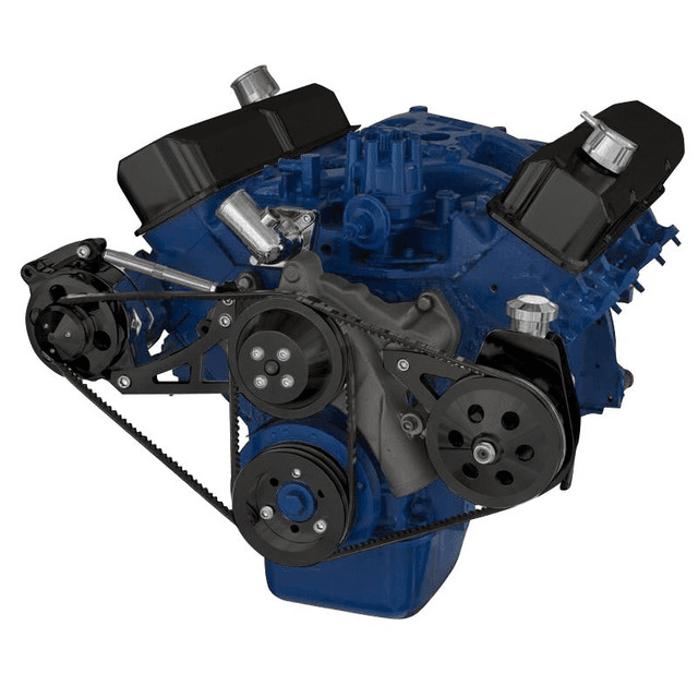 CVF SBF FE V-Belt System with Alternator & Power Steering Brackets, For High Flow Water Pump - Black