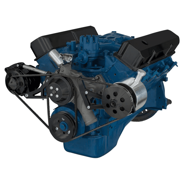 CVF SBF FE V-Belt System with AC, Alternator & Power Steering Brackets, For High Flow Water Pump - Black