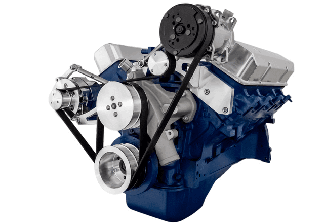 CVF SBF FE Serpentine System with Alternator & High Mount A/C Brackets, For High Flow Water Pump - Polished