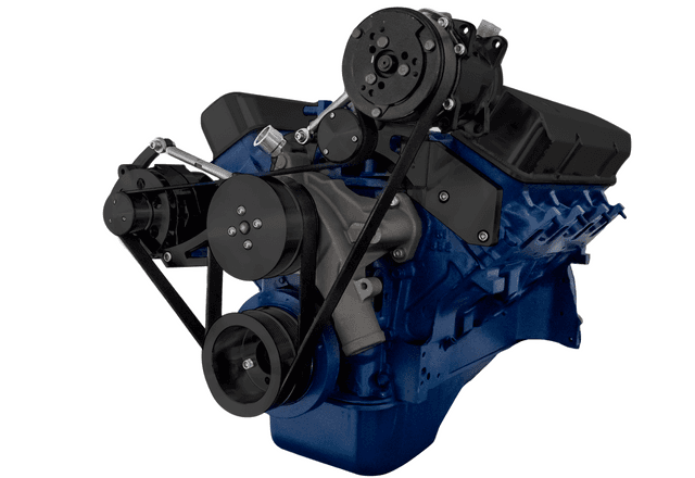 CVF SBF FE Serpentine System with Alternator & High Mount A/C Brackets, For High Flow Water Pump - Black