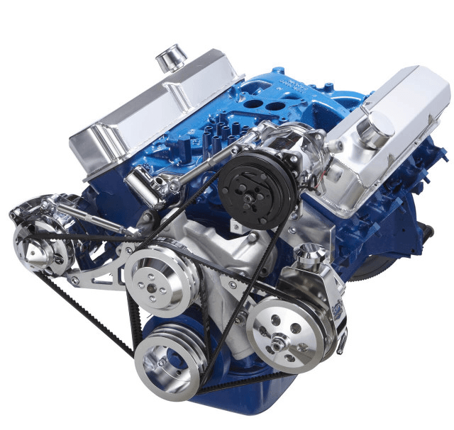 CVF SBF FE V-Belt System with Alternator & High Mount AC, Alternator & Power Steering Brackets, For High Flow Water Pump - Polished