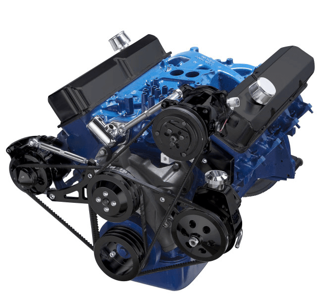 CVF SBF FE V-Belt System with Alternator & High Mount AC, Alternator & Power Steering Brackets, For High Flow Water Pump - Black