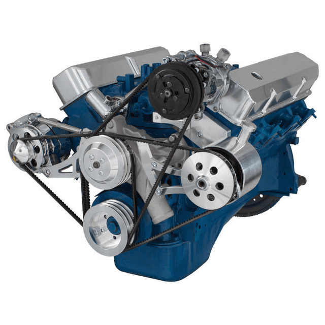 CVF SBF FE V-Belt System with Alternator & High Mount AC, Alternator & Power Steering Brackets, For High Flow Water Pump - Polished